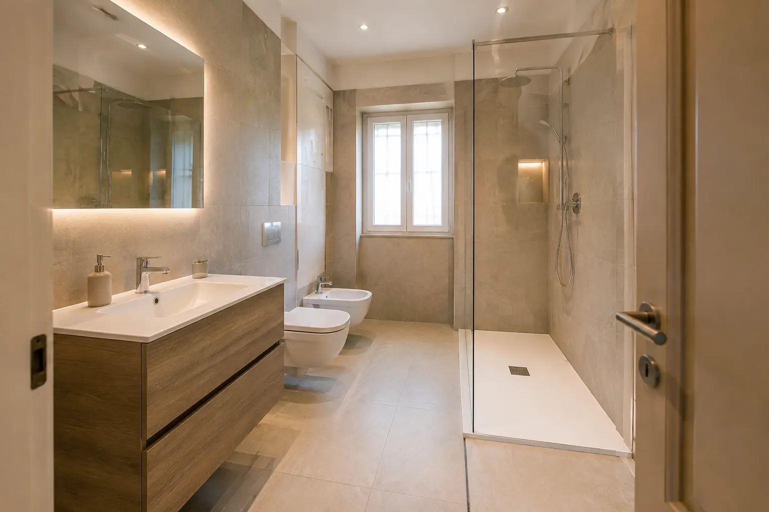 Bagno moderno con rivestimenti e dettagli coordinati